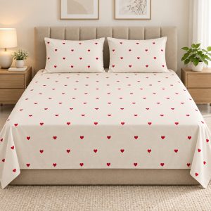 Red Heart Print 100% Pure Cotton King Size Bedsheet Set – 3 Piece