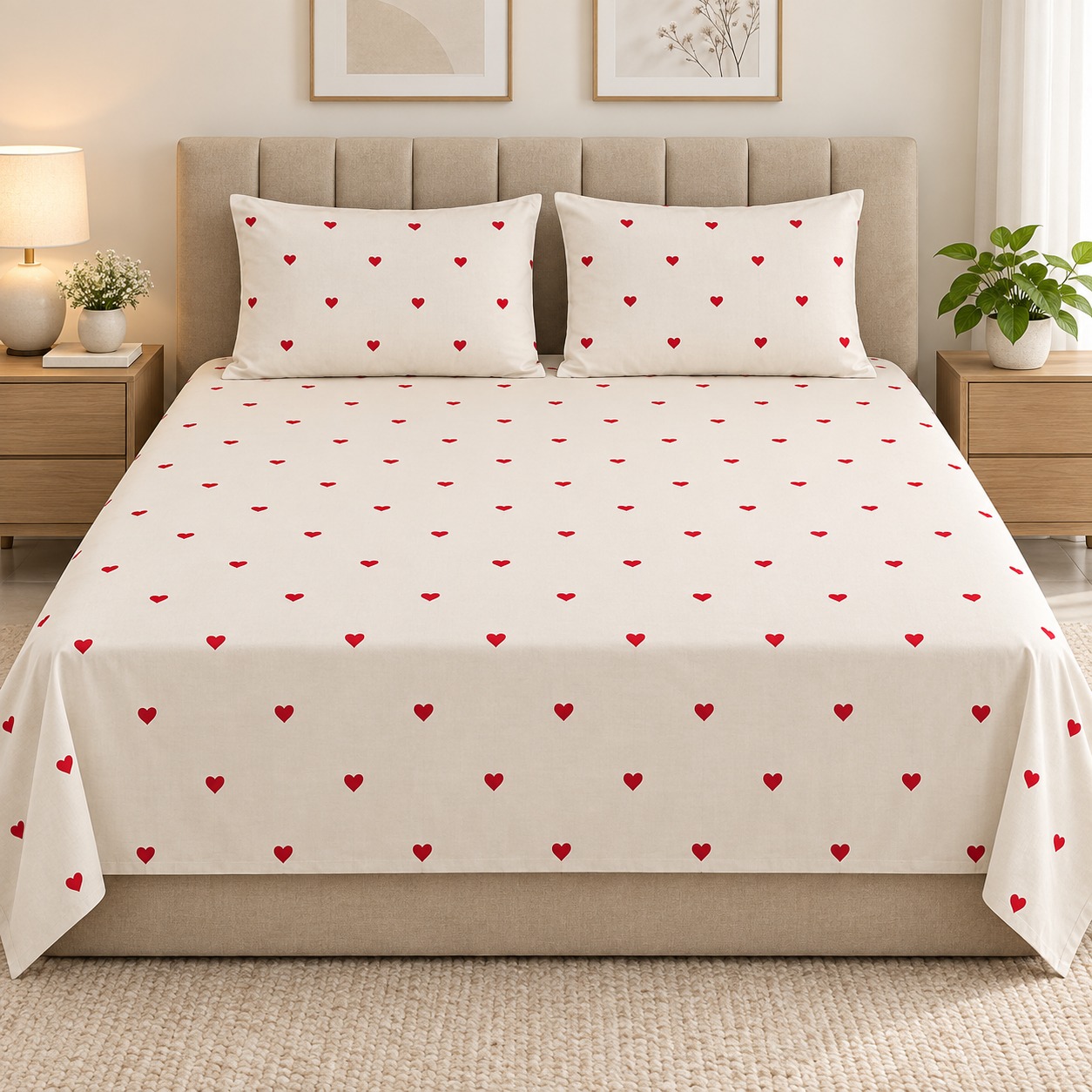 Red Heart Print 100% Pure Cotton King Size Bedsheet Set – 3 Piece