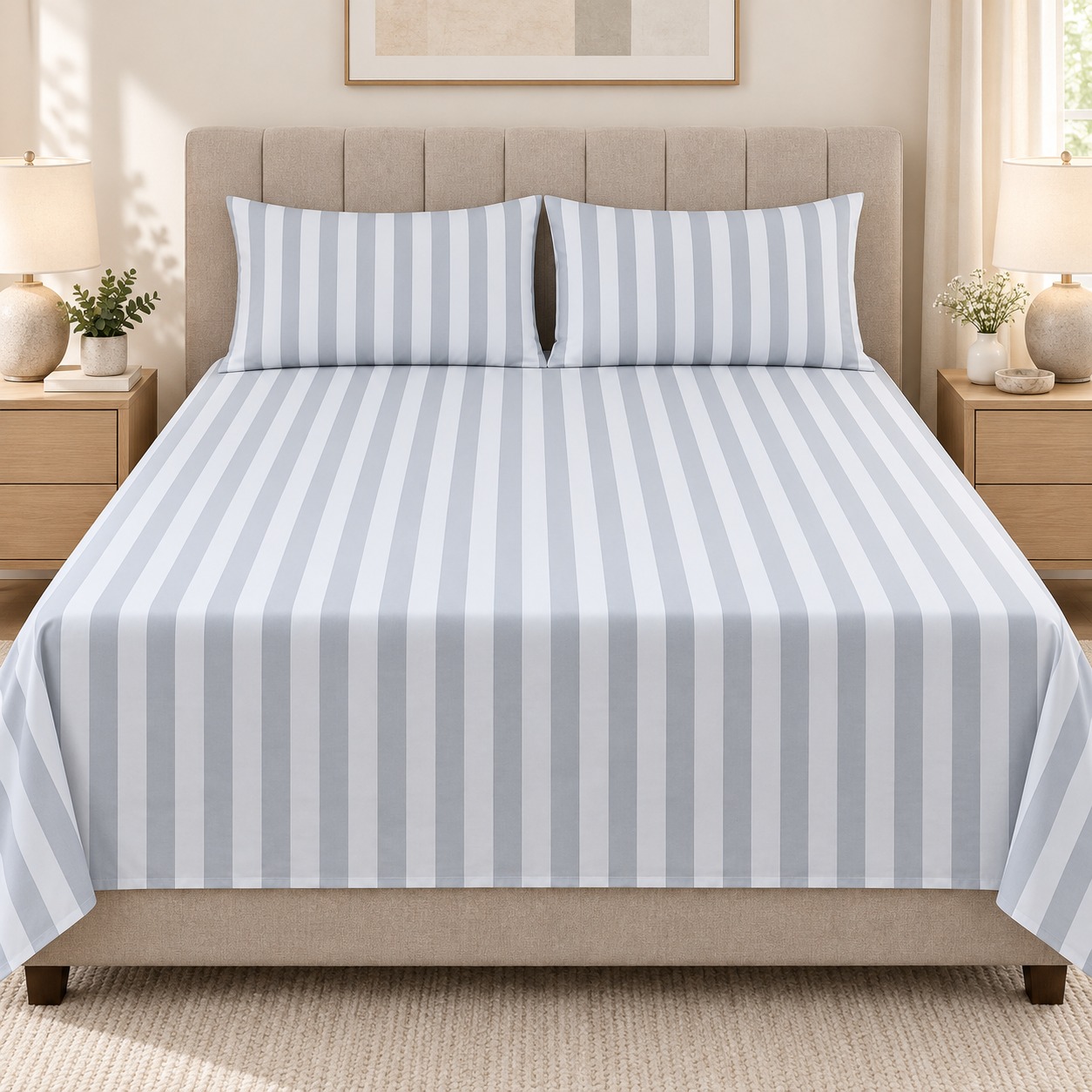 Grey & White Stripe 100% Pure Cotton King Size Bedsheet Set – 3 Piece