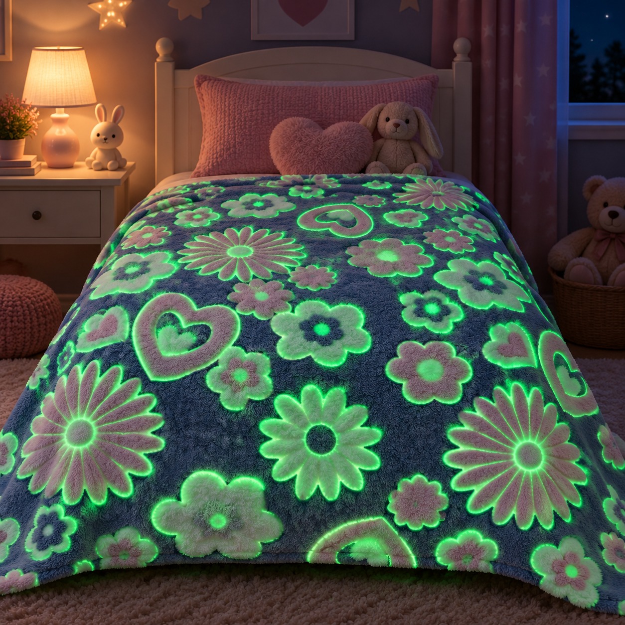 Kids Glow in the Dark Floral Heart Blanket – 1 Piece - Image 2
