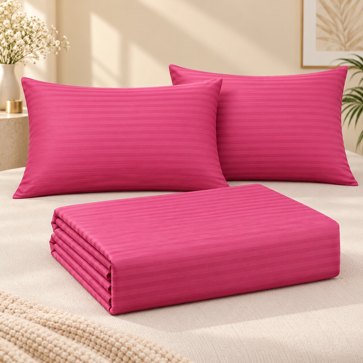 Pink Stripe 100% Pure Cotton King Size Bedsheet Set – 3 Piece - Image 2