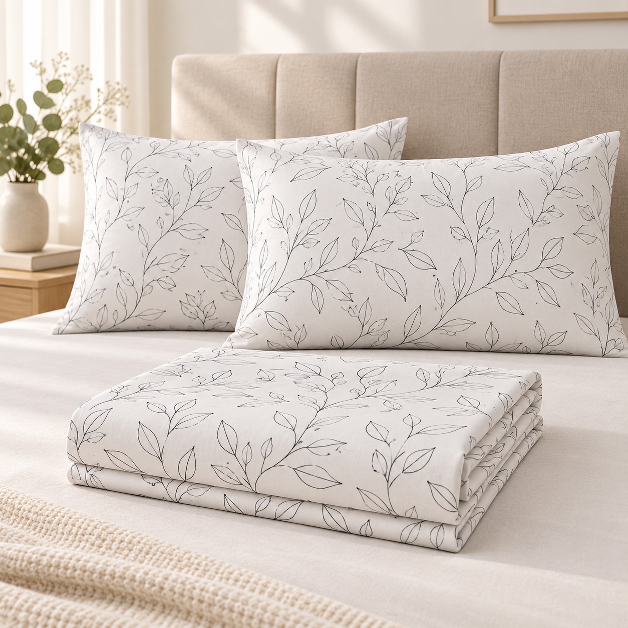 Botanical Leaf Print 100% Pure Cotton King Size Bedsheet Set – 3 Piece - Image 2