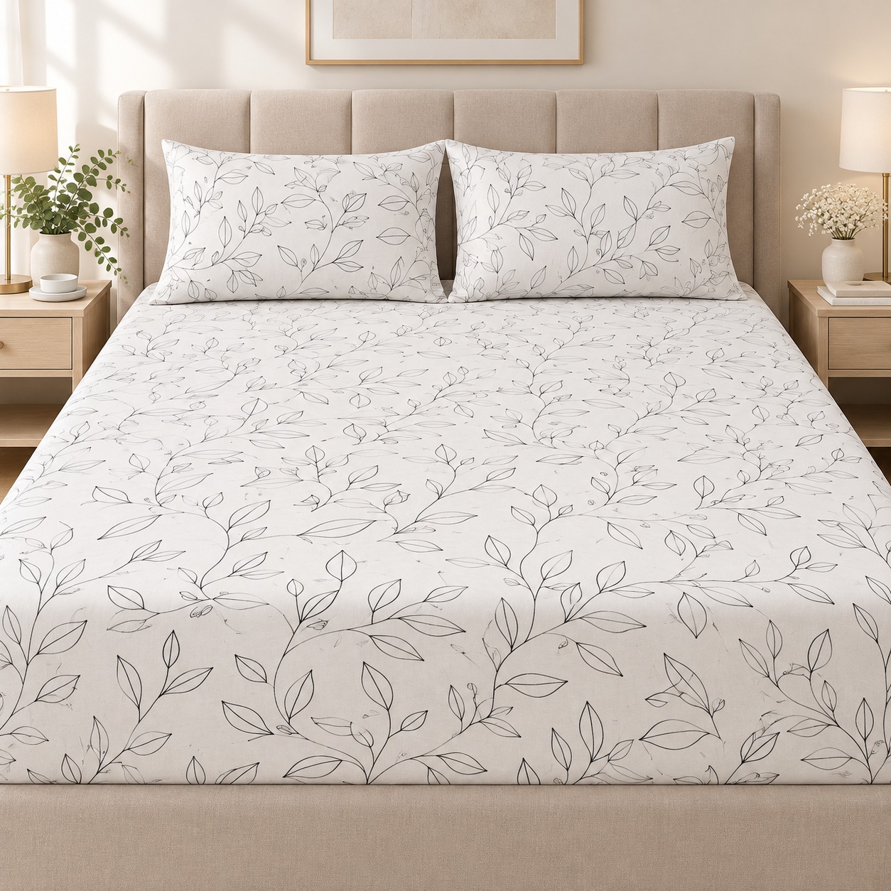 Botanical Leaf Print 100% Pure Cotton King Size Bedsheet Set – 3 Piece