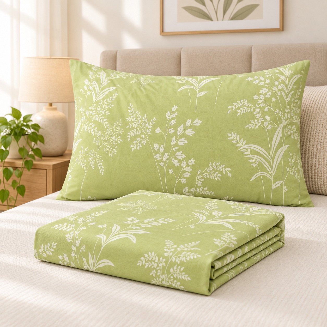 Green Botanical Print 100% Pure Cotton Single Bedsheet Set – 2 Piece - Image 2