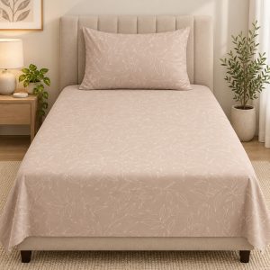 Beige Botanical Leaf Print 100% Pure Cotton Single Bedsheet Set – 2 Piece