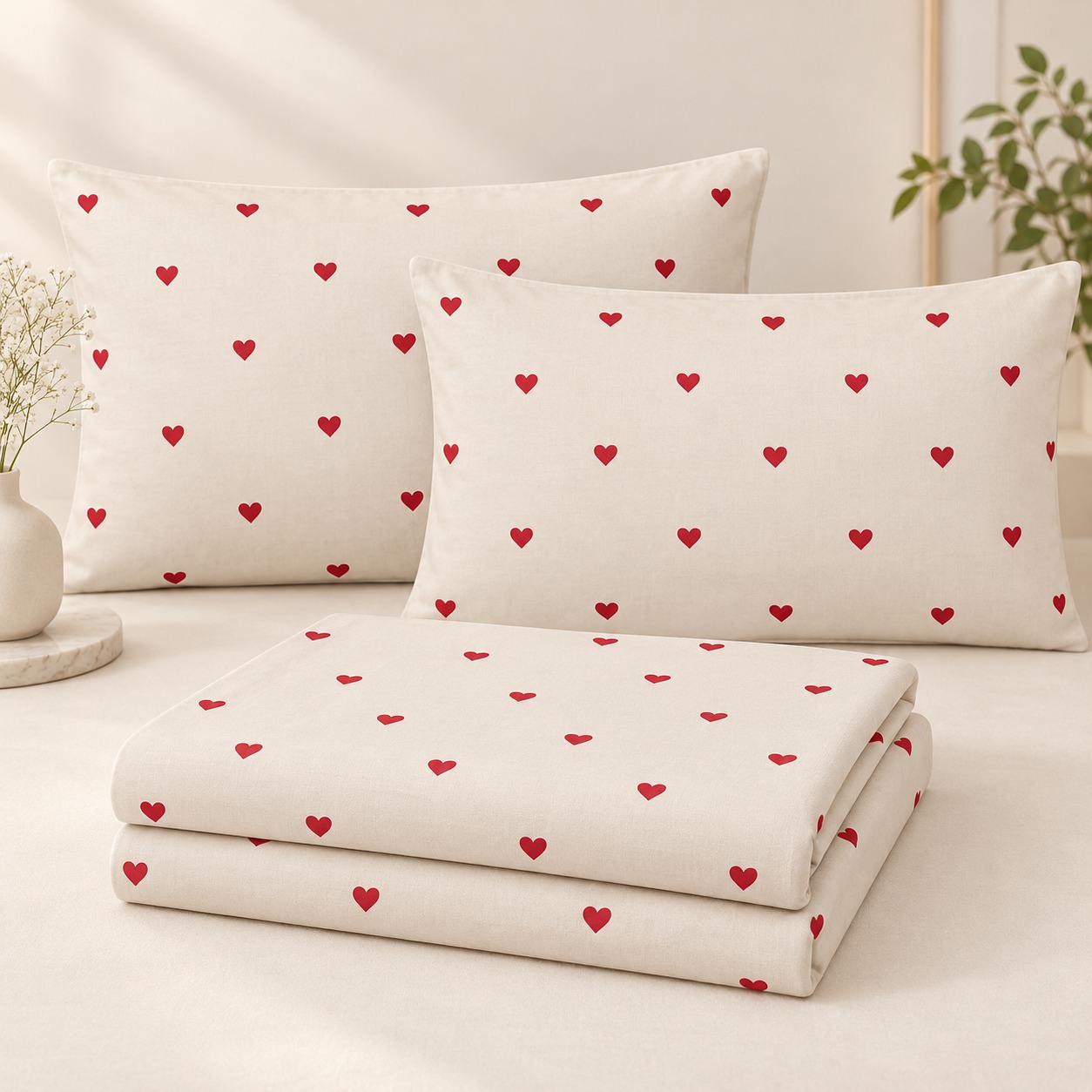 Red Heart Print 100% Pure Cotton King Size Bedsheet Set – 3 Piece - Image 2