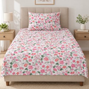 Pink Floral Print 100% Pure Cotton Single Bedsheet Set – 2 Piece