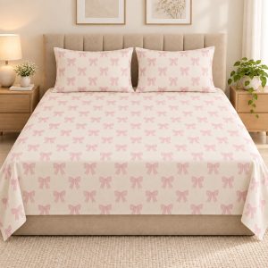 Pink Bow Print 100% Pure Cotton King Size Bedsheet Set – 3 Piece