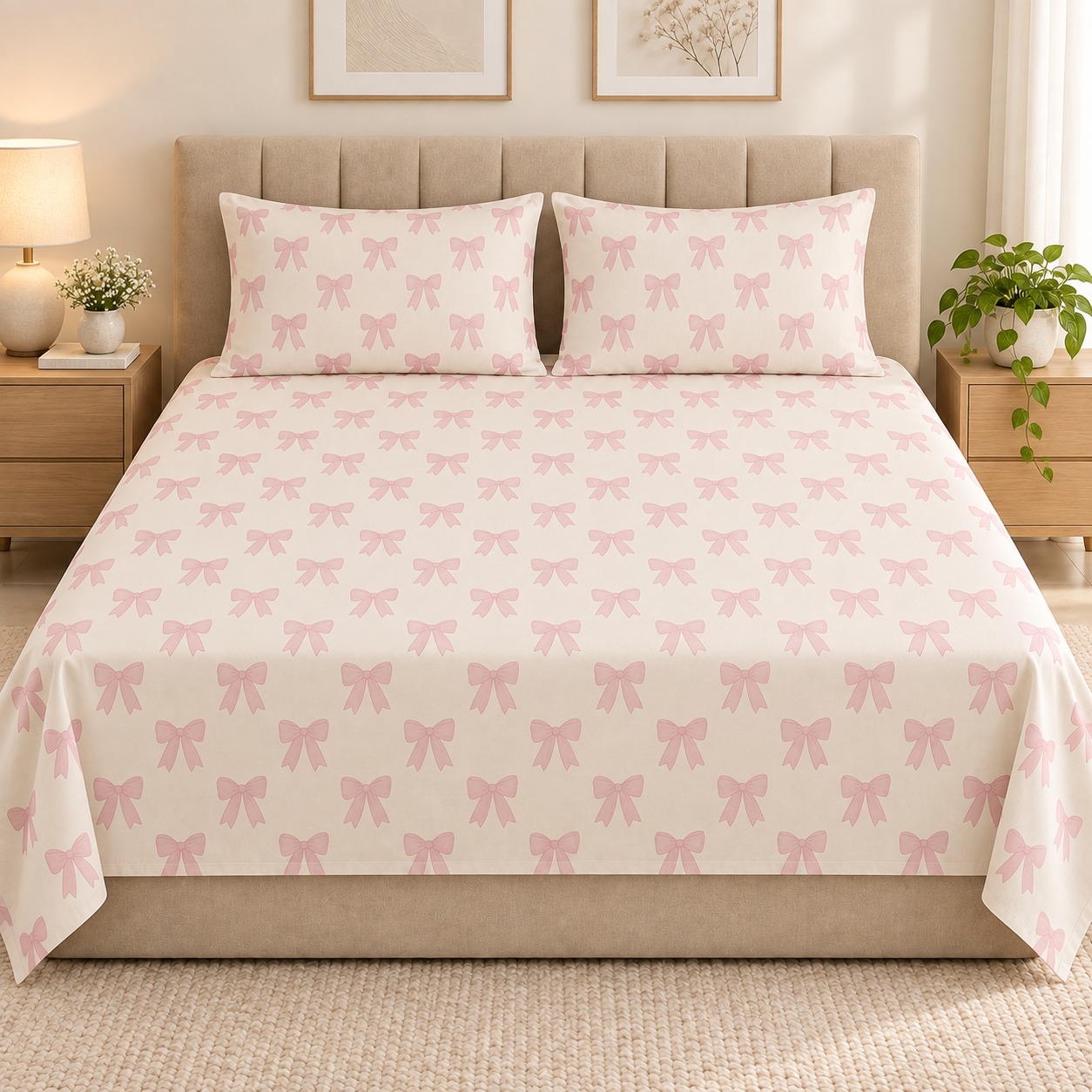 Pink Bow Print 100% Pure Cotton King Size Bedsheet Set – 3 Piece