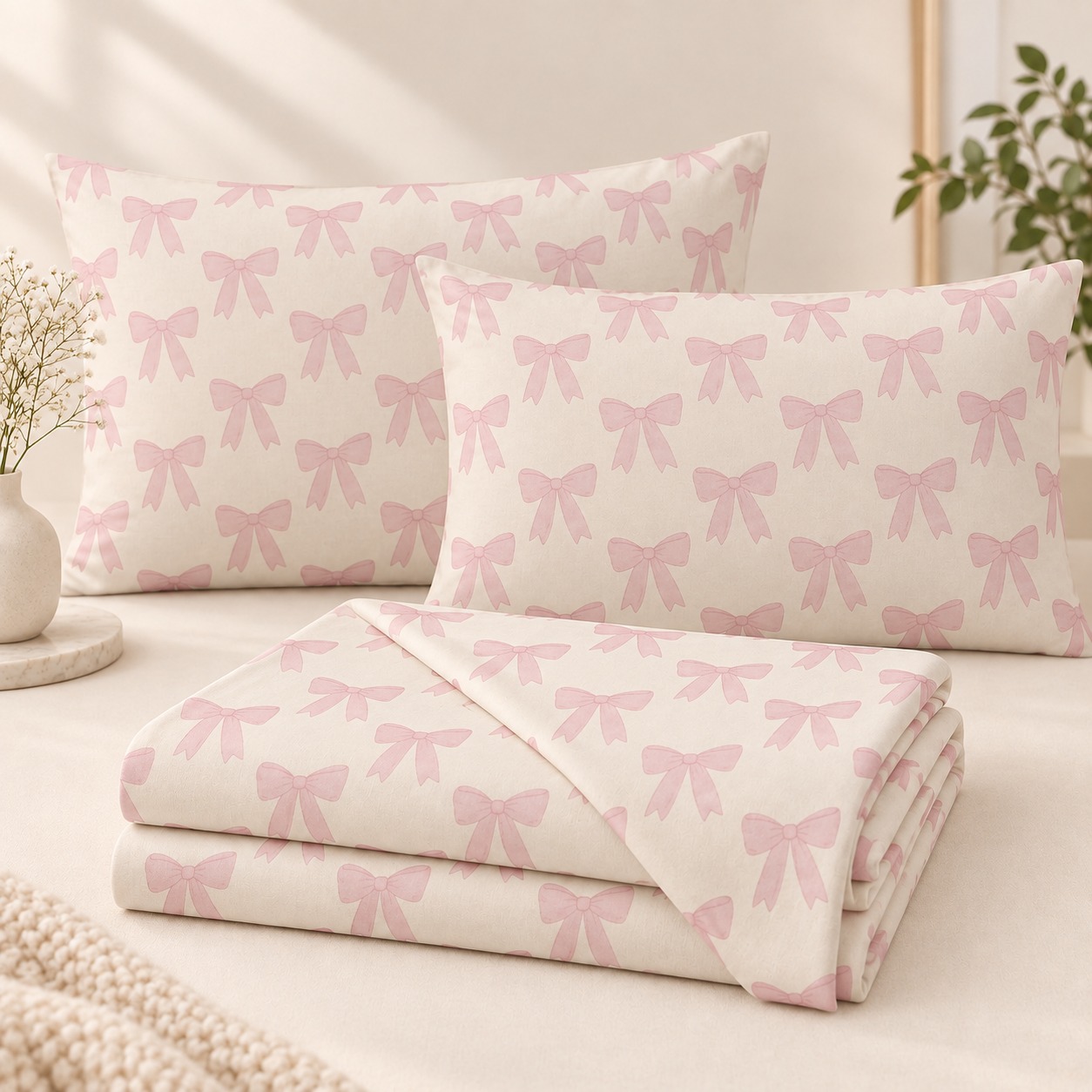 Pink Bow Print 100% Pure Cotton King Size Bedsheet Set – 3 Piece - Image 2