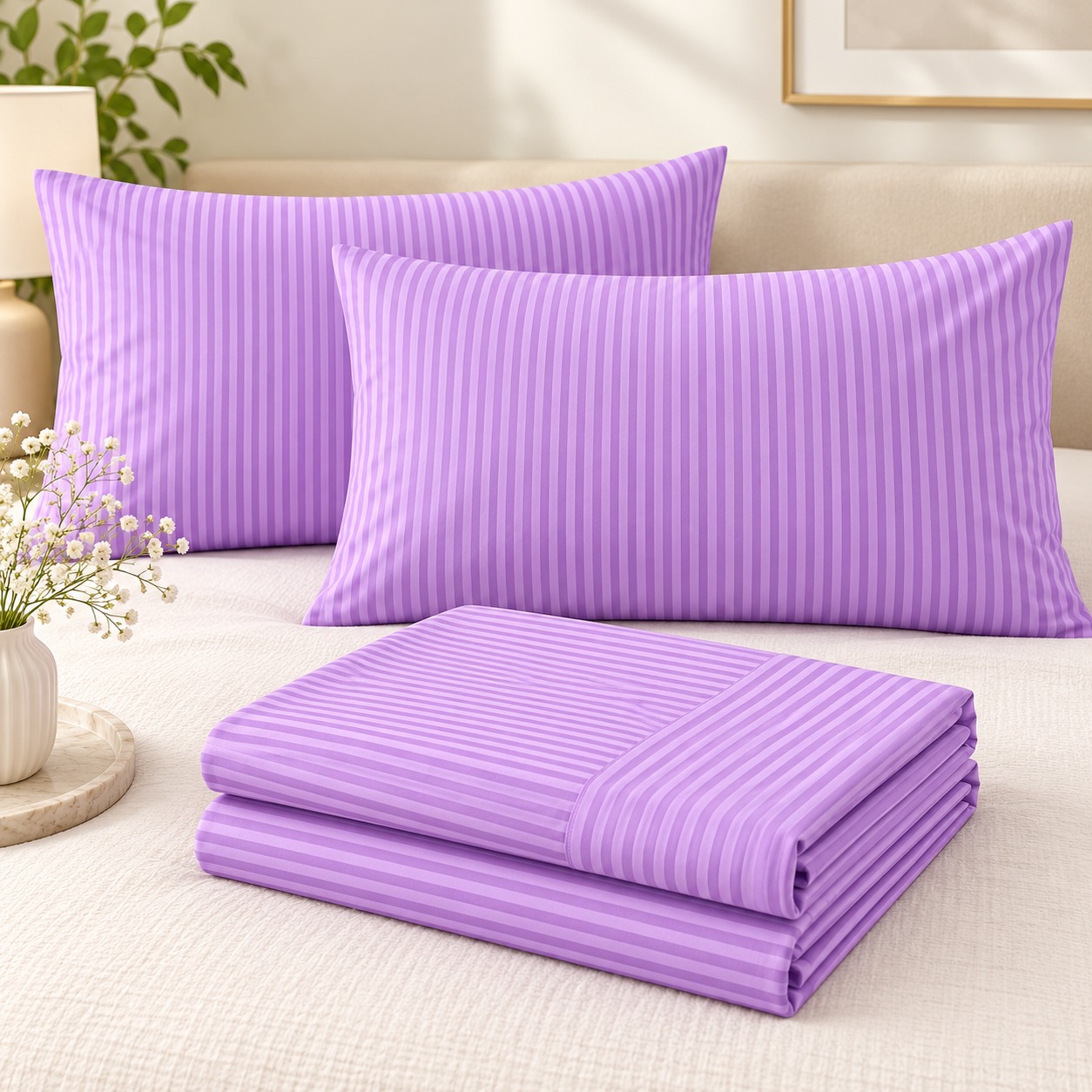 Lilac Stripe 100% Pure Cotton King Size Bedsheet Set – 3 Piece - Image 2