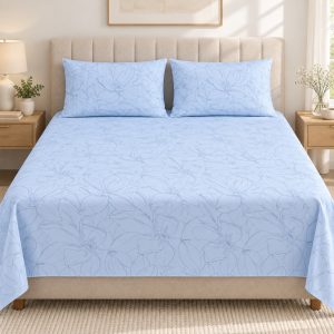 Sky Blue Floral 100% Pure Cotton King Size Bedsheet Set – 3 Piece