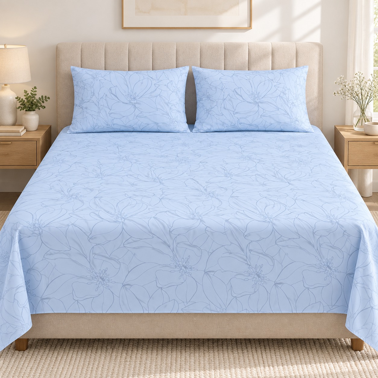 Sky Blue Floral 100% Pure Cotton King Size Bedsheet Set – 3 Piece