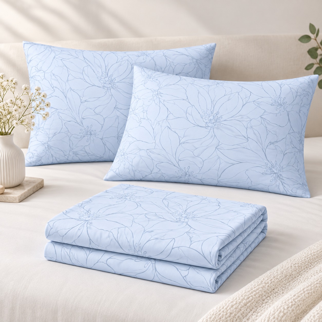 Sky Blue Floral 100% Pure Cotton King Size Bedsheet Set – 3 Piece - Image 2