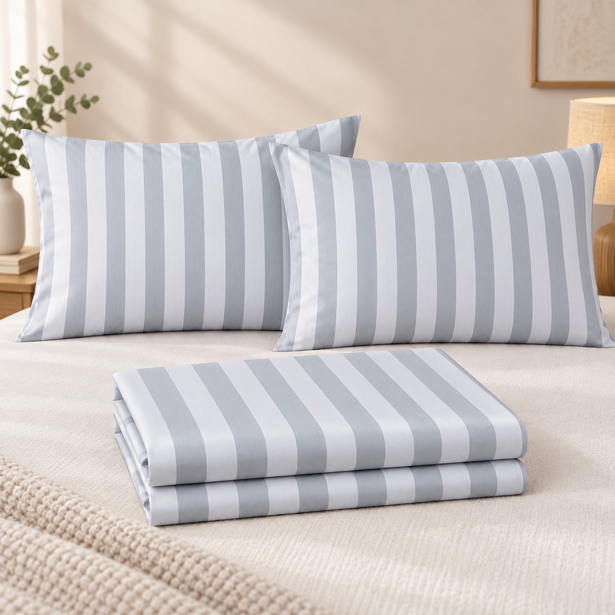 Grey & White Stripe 100% Pure Cotton King Size Bedsheet Set – 3 Piece - Image 2