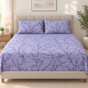 Lavender Floral 100% Pure Cotton King Size Bedsheet Set – 3 Piece