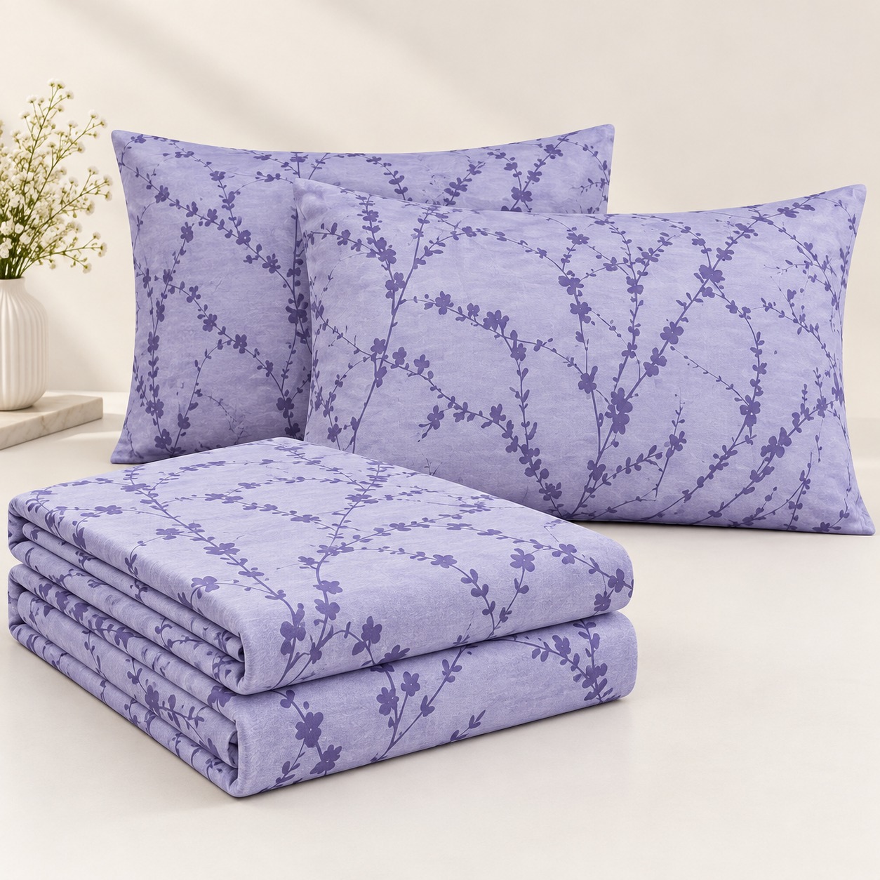 Lavender Floral 100% Pure Cotton King Size Bedsheet Set – 3 Piece - Image 2