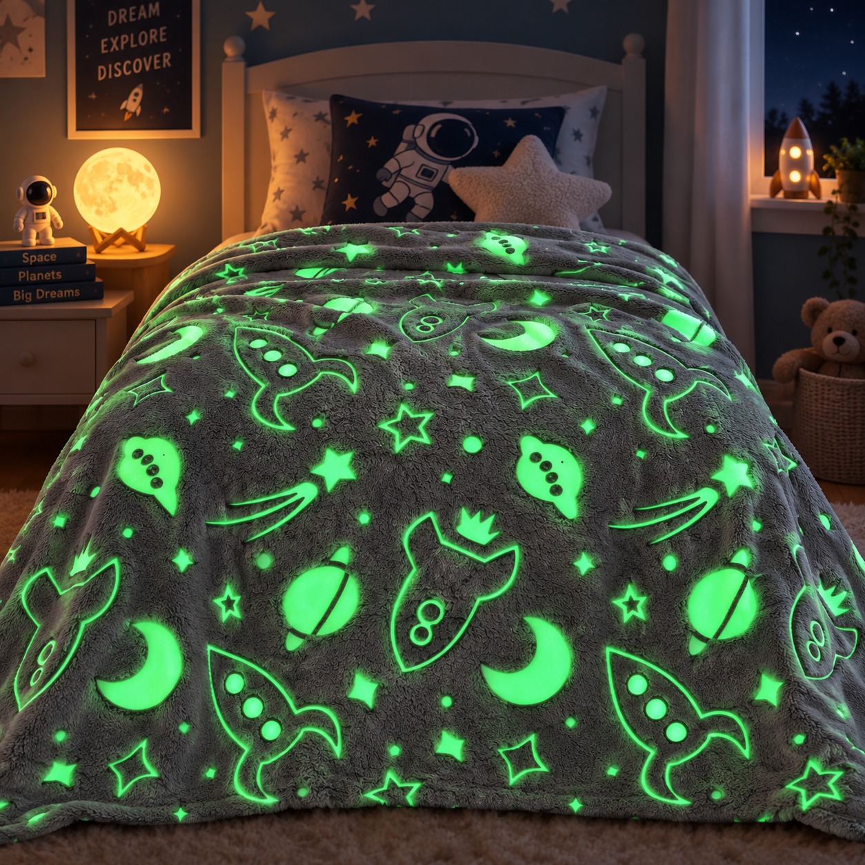 Kids Glow in the Dark Space Print Blanket – 1 Piece - Image 2